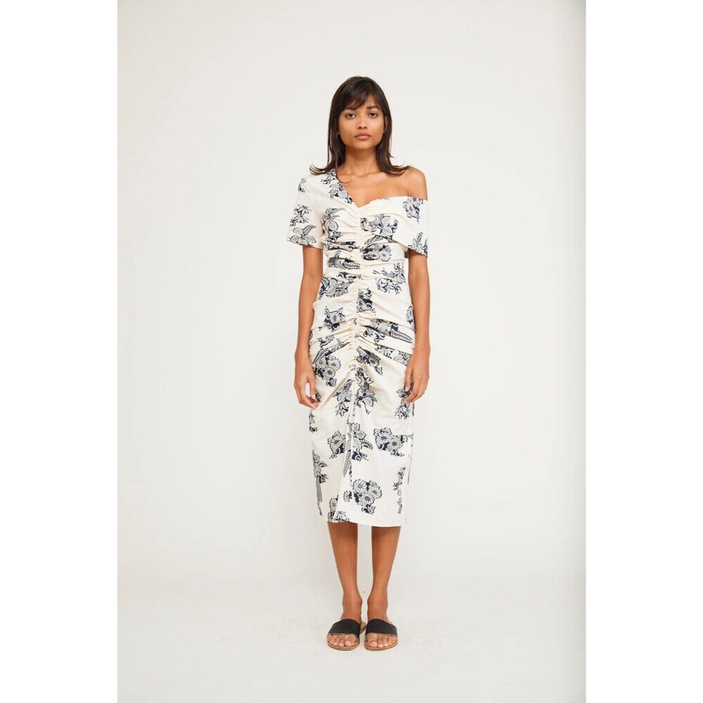 Sea New York Josephine Cream Blue Floral Embroidered Pencil Midi Dress Ruched 10